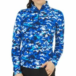 IBKUL Women's Long Sleeve Zip Mock Top - Camo Print